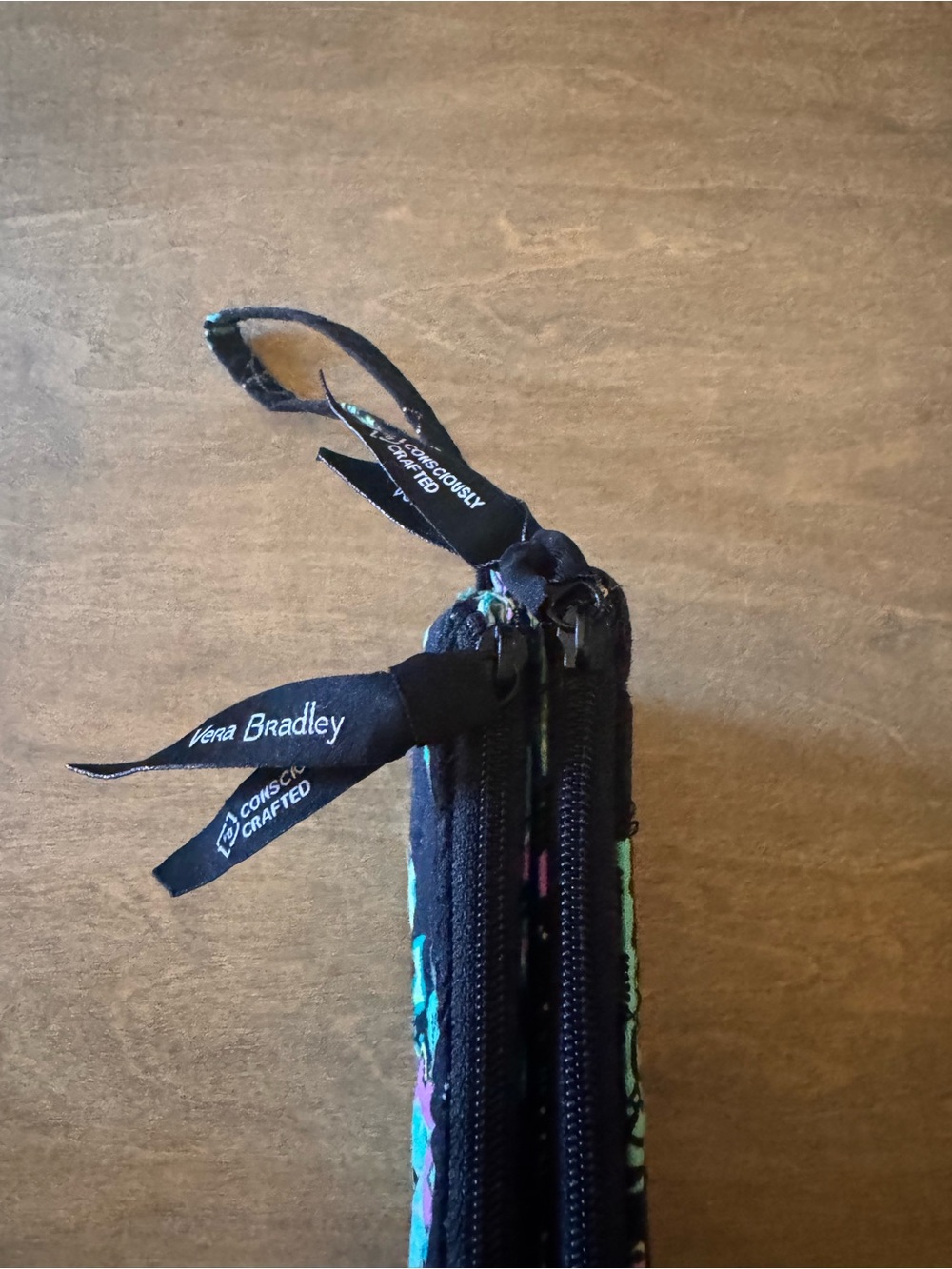 Vera Bradley Black Floral Quilted Wristlet Wallet with Aqua and Pink Accents - Picture 3 of 5